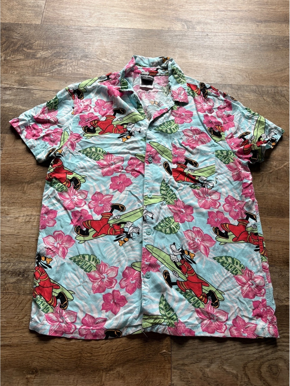 Disney Goofy Hawaiian Shirt Men's Medium Light Blue with Pink Floral Print